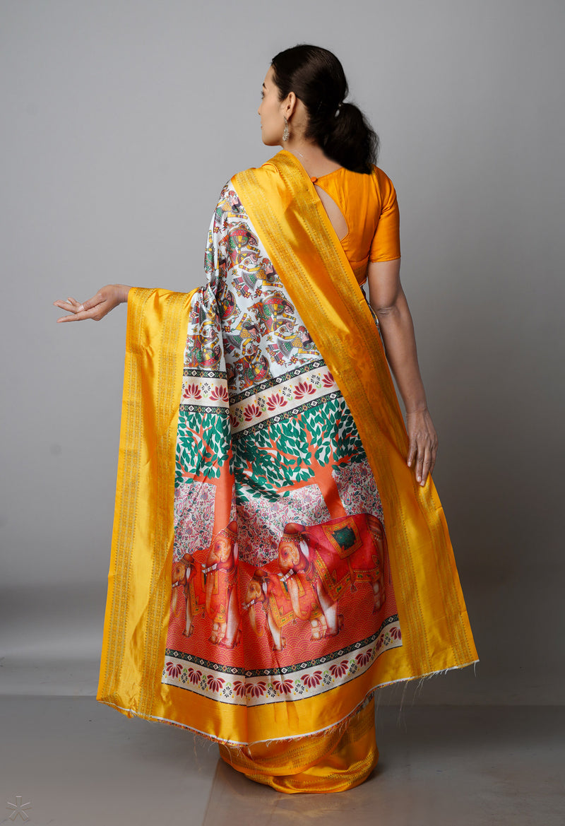 White  Kalamkari Soft Silk Saree-UNM69290