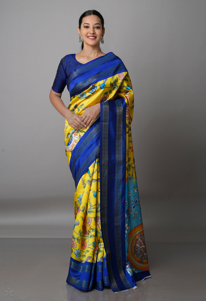 Yellow  Kalamkari Soft Silk Saree-UNM69291