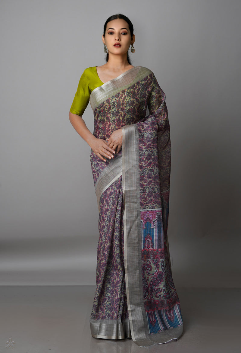 Farrow and ball Olive Green  Digital Printed Linen Saree-UNM69296