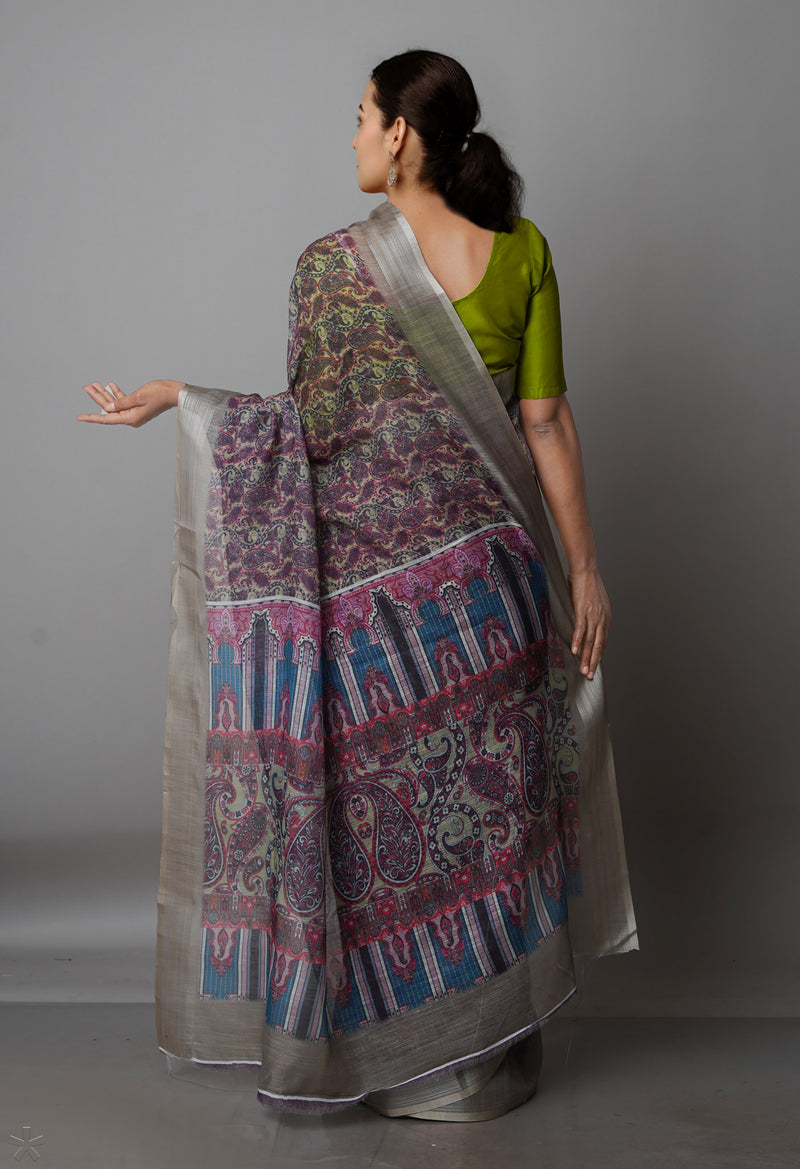 Farrow and ball Olive Green  Digital Printed Linen Saree-UNM69296