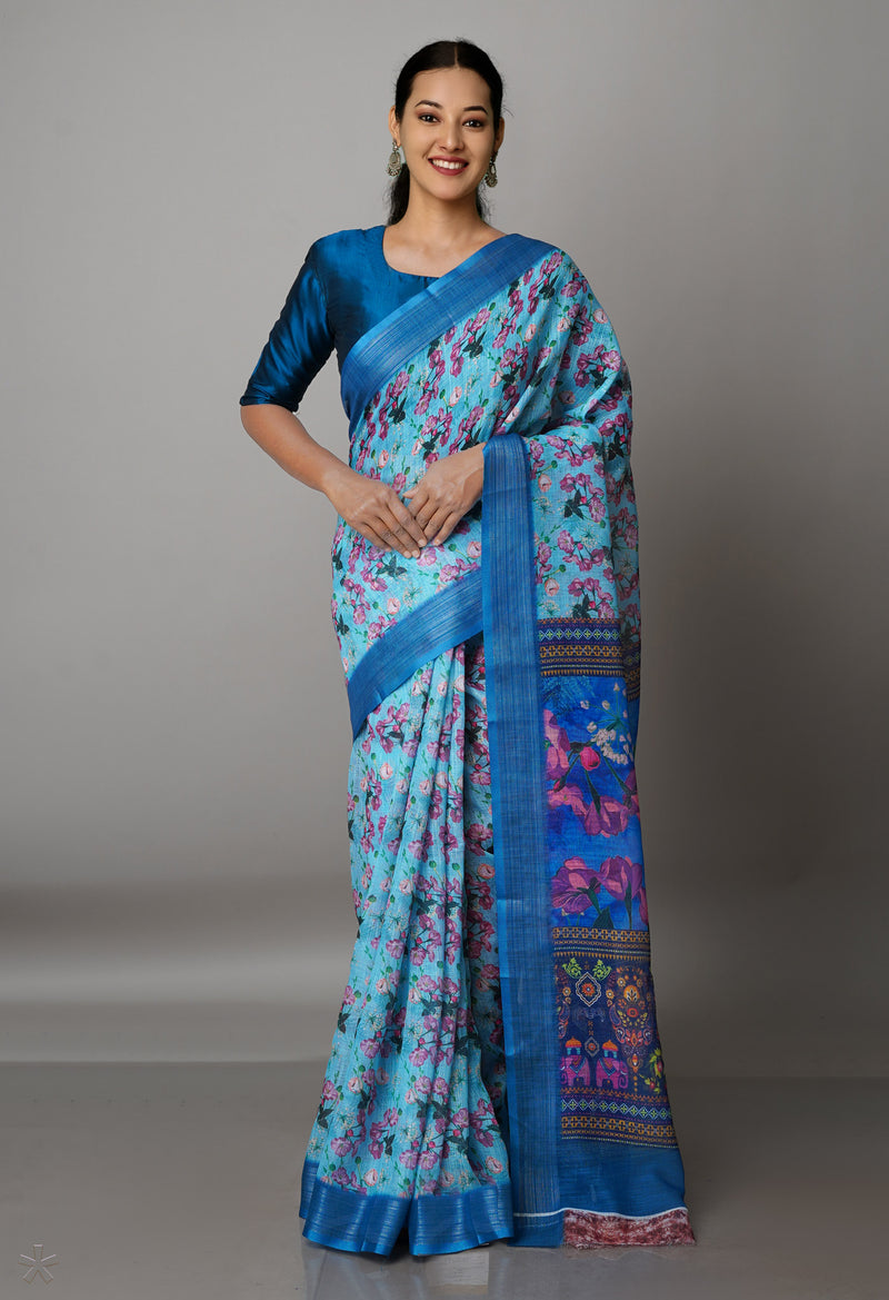 Sky Blue  Digital Printed Linen Saree-UNM69297