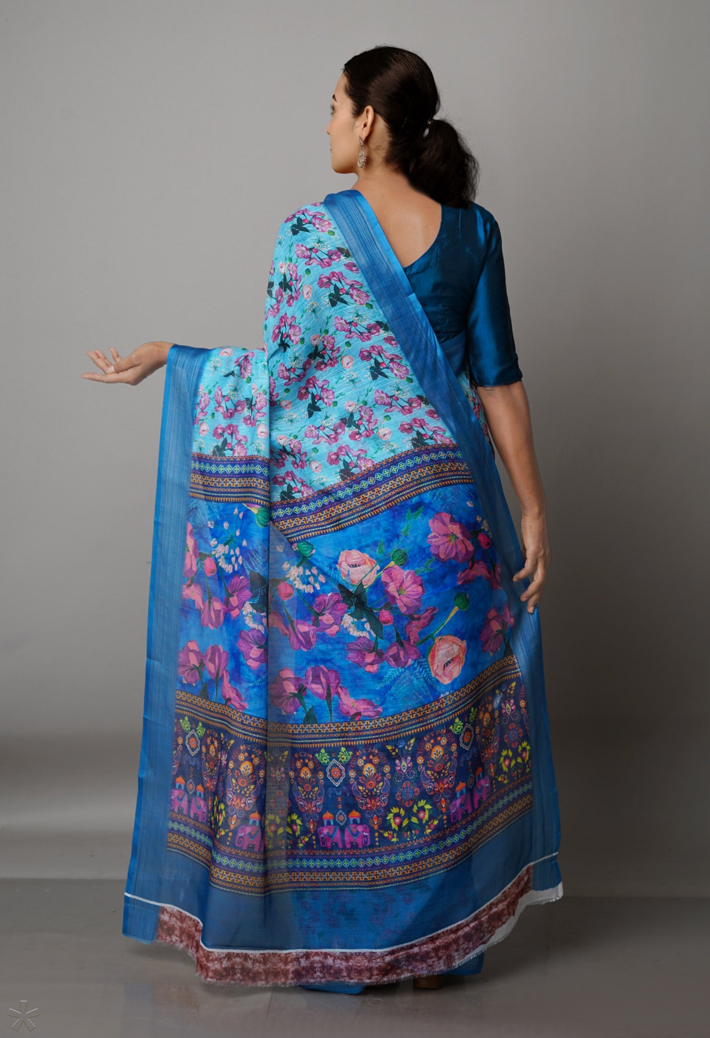 Blue Digital Printed Linen Saree