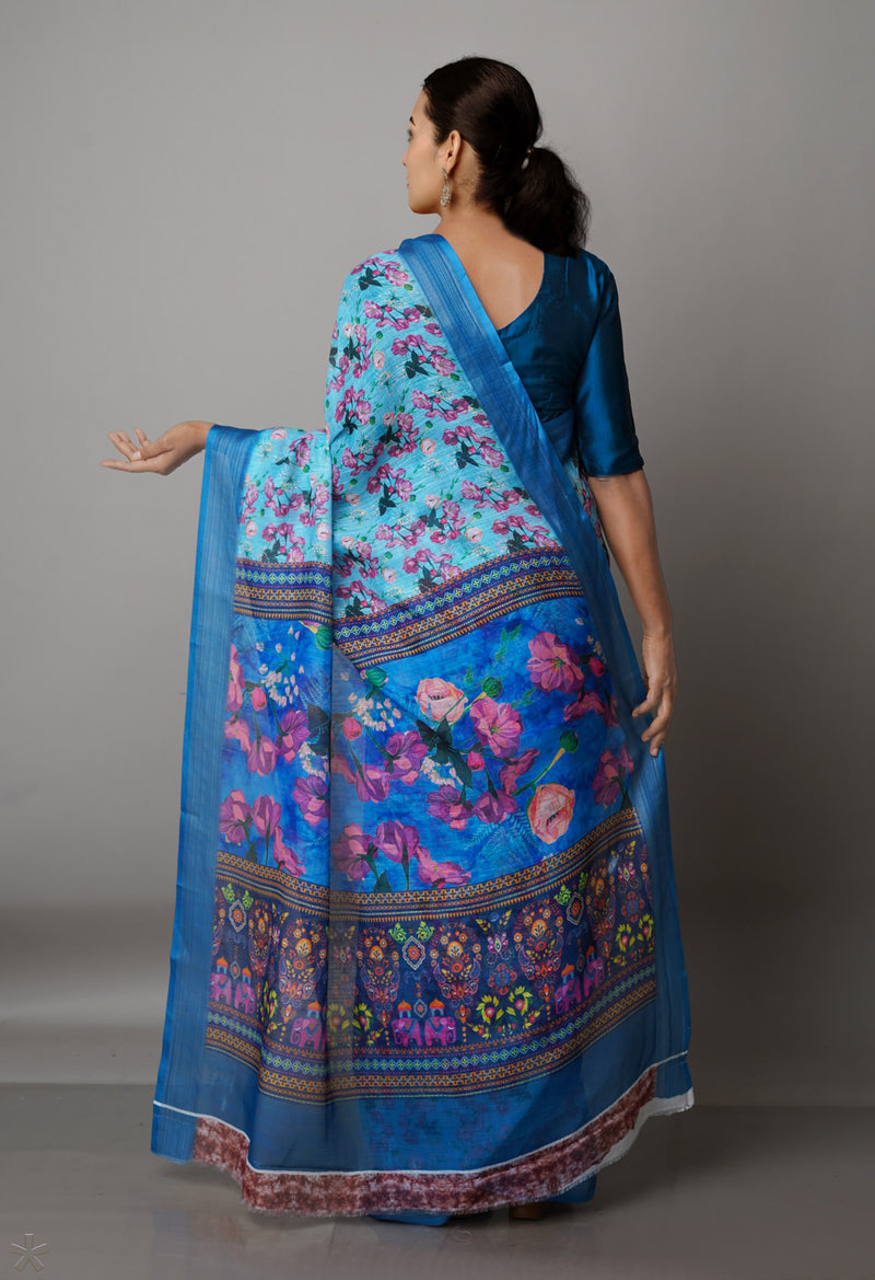 Sky Blue  Digital Printed Linen Saree-UNM69297