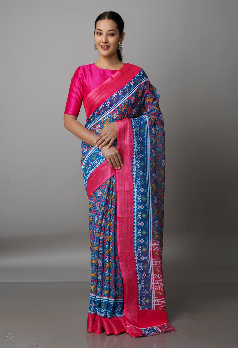 Peacock Blue  Digital Printed Linen Saree-UNM69299