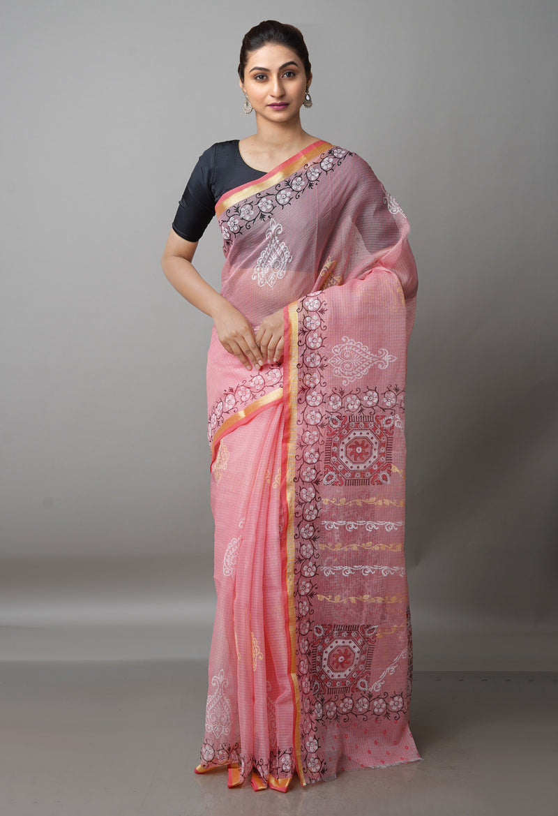 Peach Red Pure  Block Printed Kota Cotton Saree-UNM69309