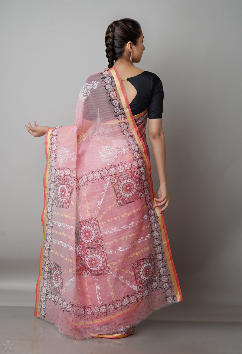 Peach Red Pure  Block Printed Kota Cotton Saree-UNM69309
