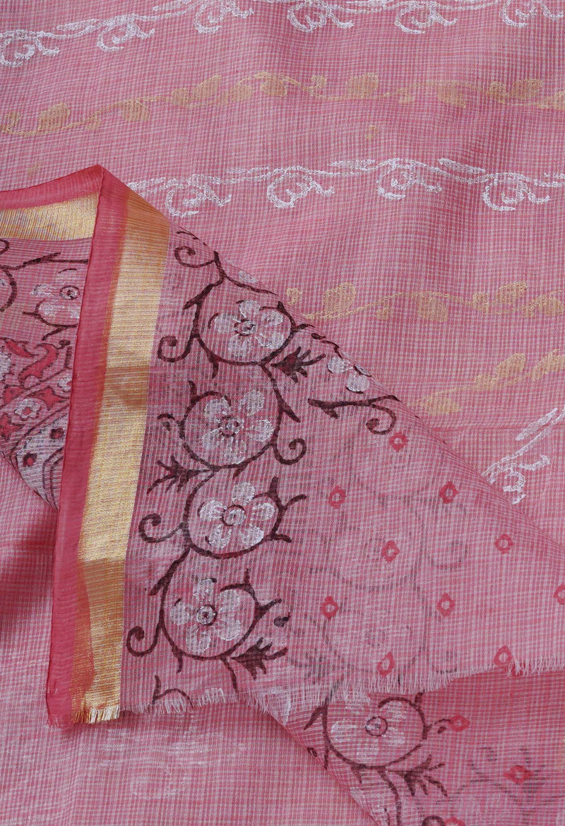 Peach Red Pure  Block Printed Kota Cotton Saree-UNM69309