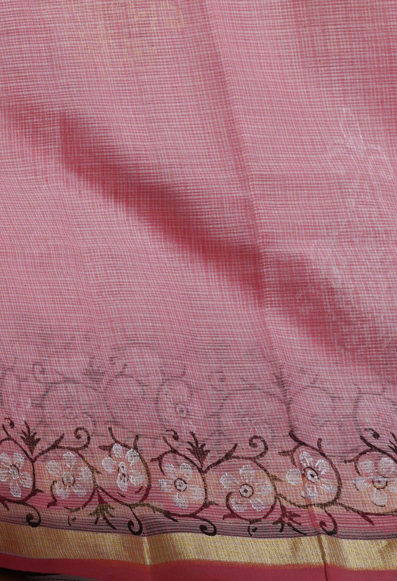 Peach Red Pure  Block Printed Kota Cotton Saree-UNM69309