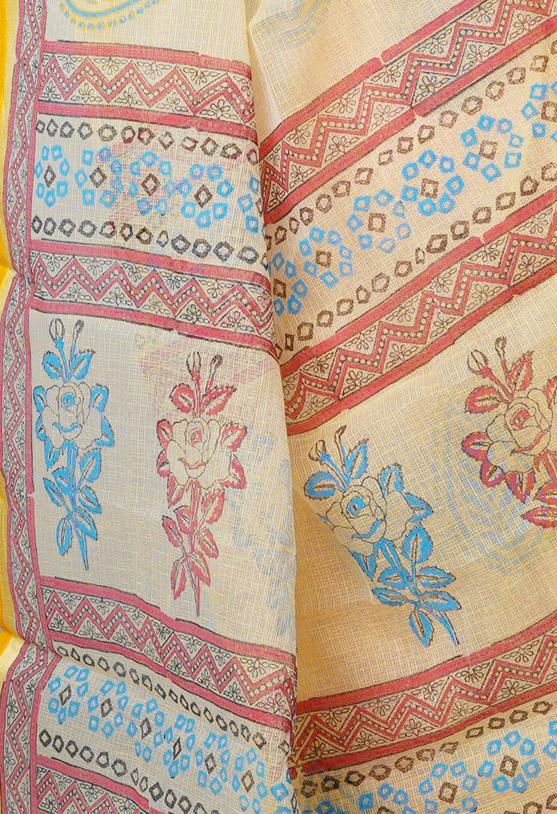 Light Yellow Pure  Block Printed Kota Cotton Saree-UNM69310