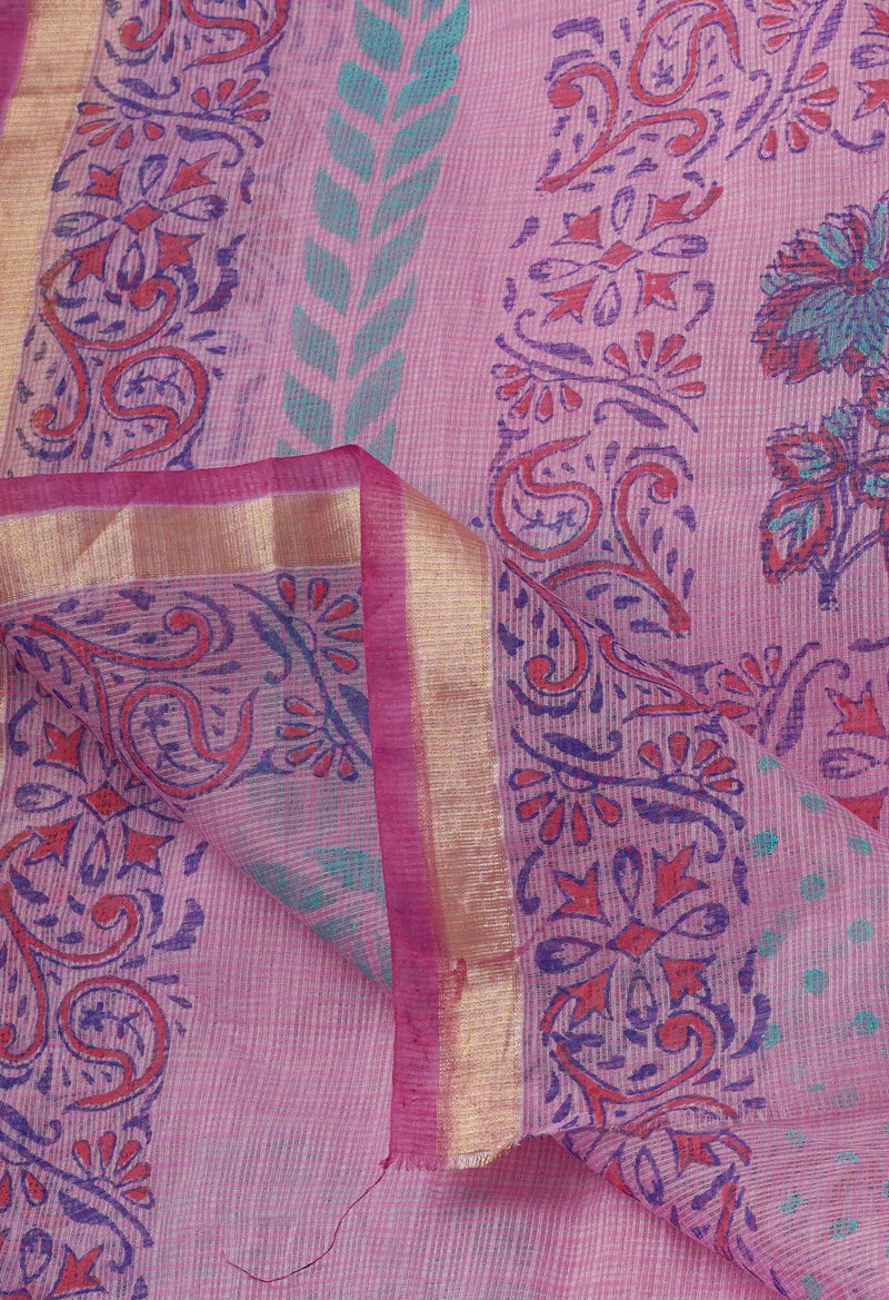 Baby Pink Pure  Block Printed Kota Cotton Saree-UNM69314