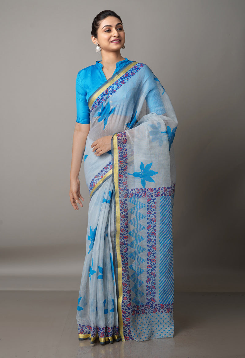 Light Blue Pure  Block Printed Kota Cotton Saree-UNM69315