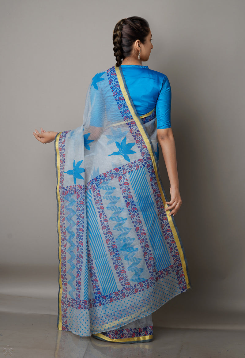 Light Blue Pure  Block Printed Kota Cotton Saree-UNM69315