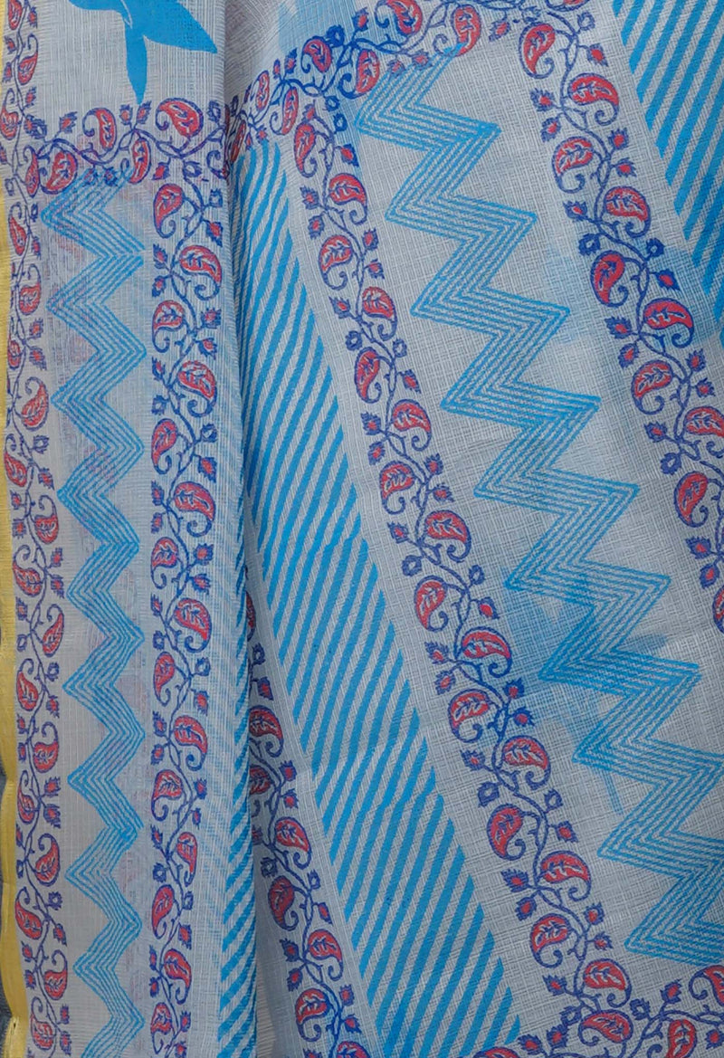 Light Blue Pure  Block Printed Kota Cotton Saree-UNM69315