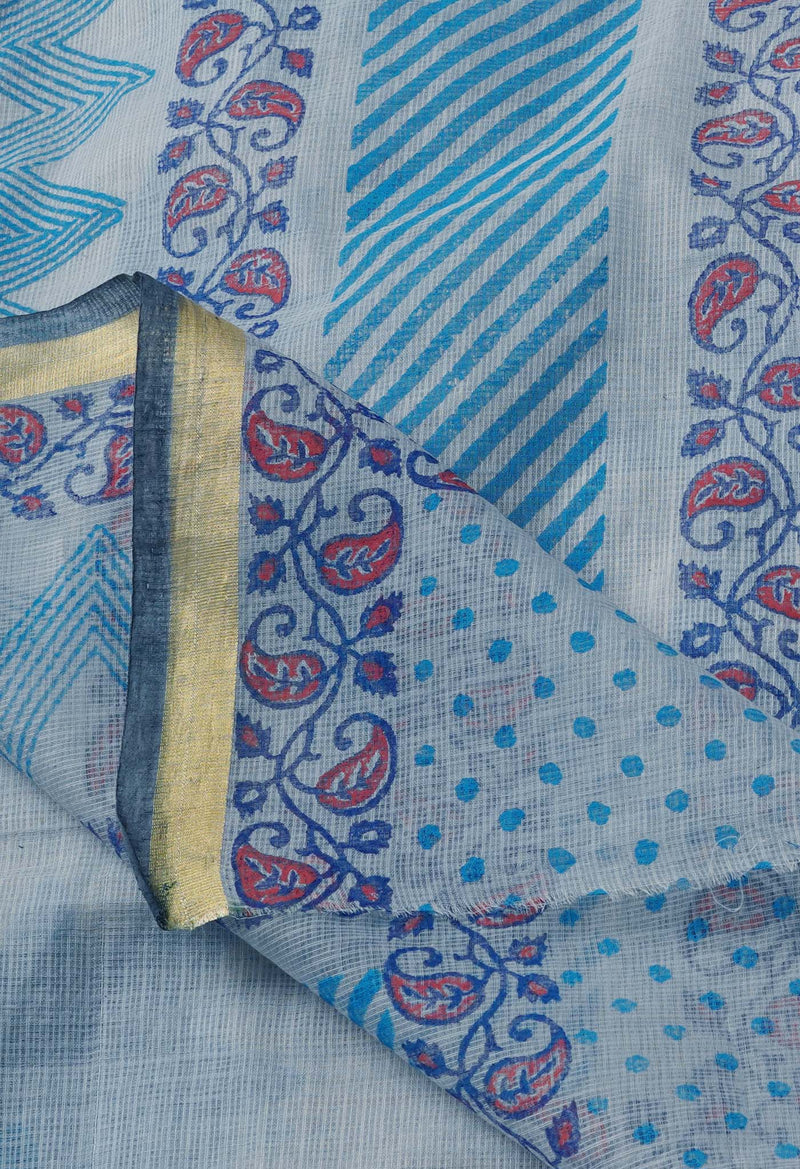 Light Blue Pure  Block Printed Kota Cotton Saree-UNM69315