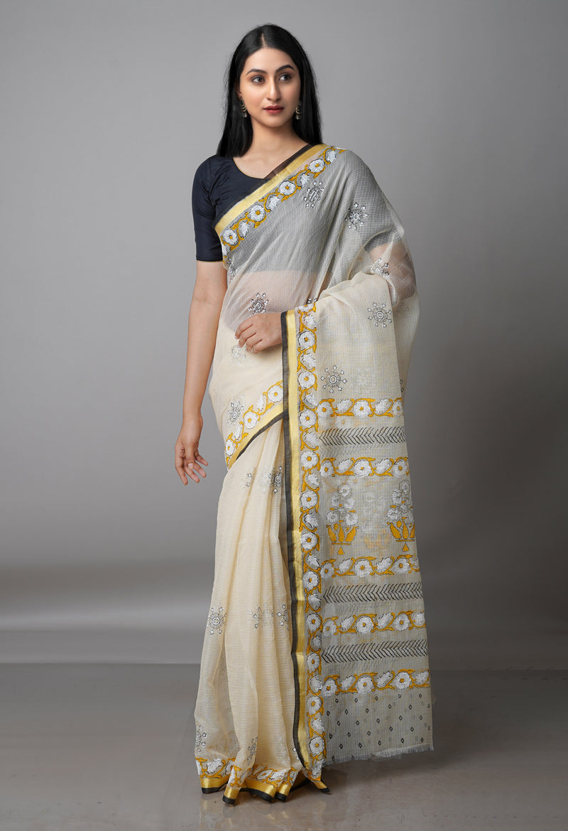 Beige Pure  Block Printed Kota Cotton Saree-UNM69316