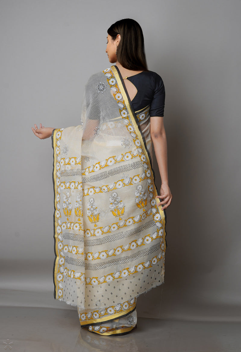 Beige Pure  Block Printed Kota Cotton Saree-UNM69316
