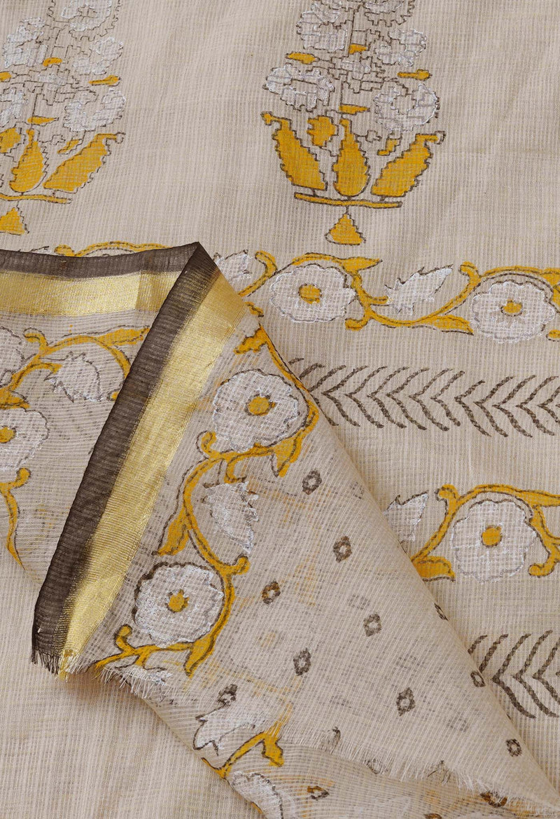 Beige Pure  Block Printed Kota Cotton Saree-UNM69316