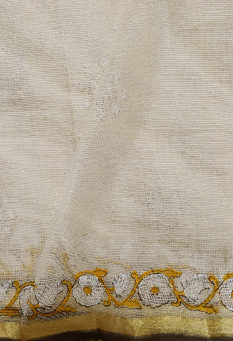 Beige Pure  Block Printed Kota Cotton Saree-UNM69316