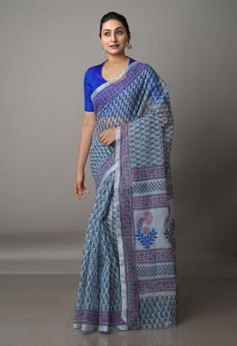 Pale Grey Pure  Block Printed Kota Cotton Saree-UNM69319