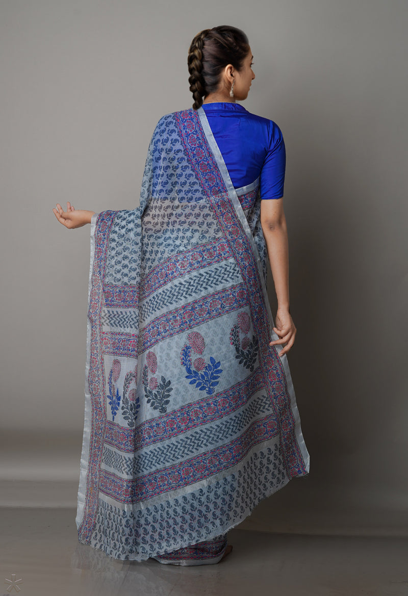 Pale Grey Pure  Block Printed Kota Cotton Saree-UNM69319