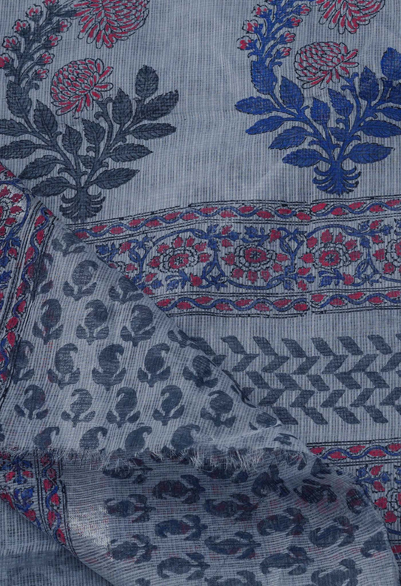 Pale Grey Pure  Block Printed Kota Cotton Saree-UNM69319