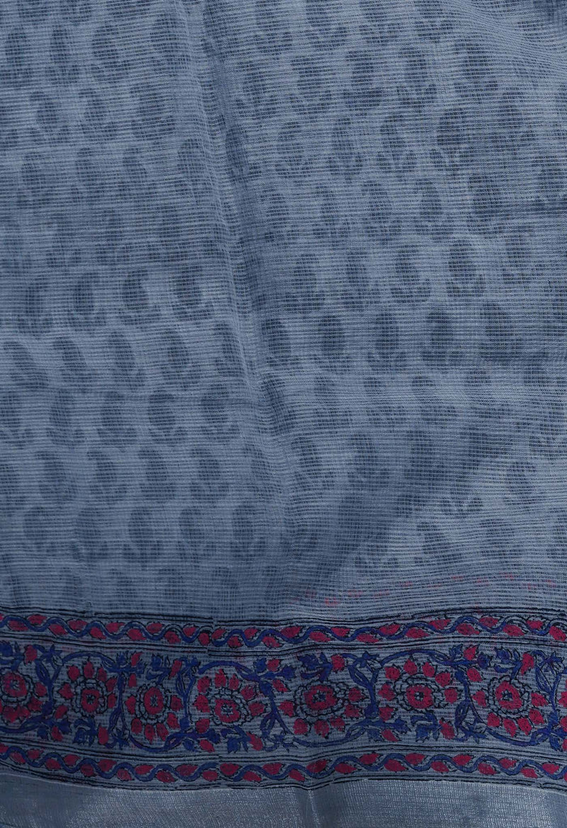 Pale Grey Pure  Block Printed Kota Cotton Saree-UNM69319