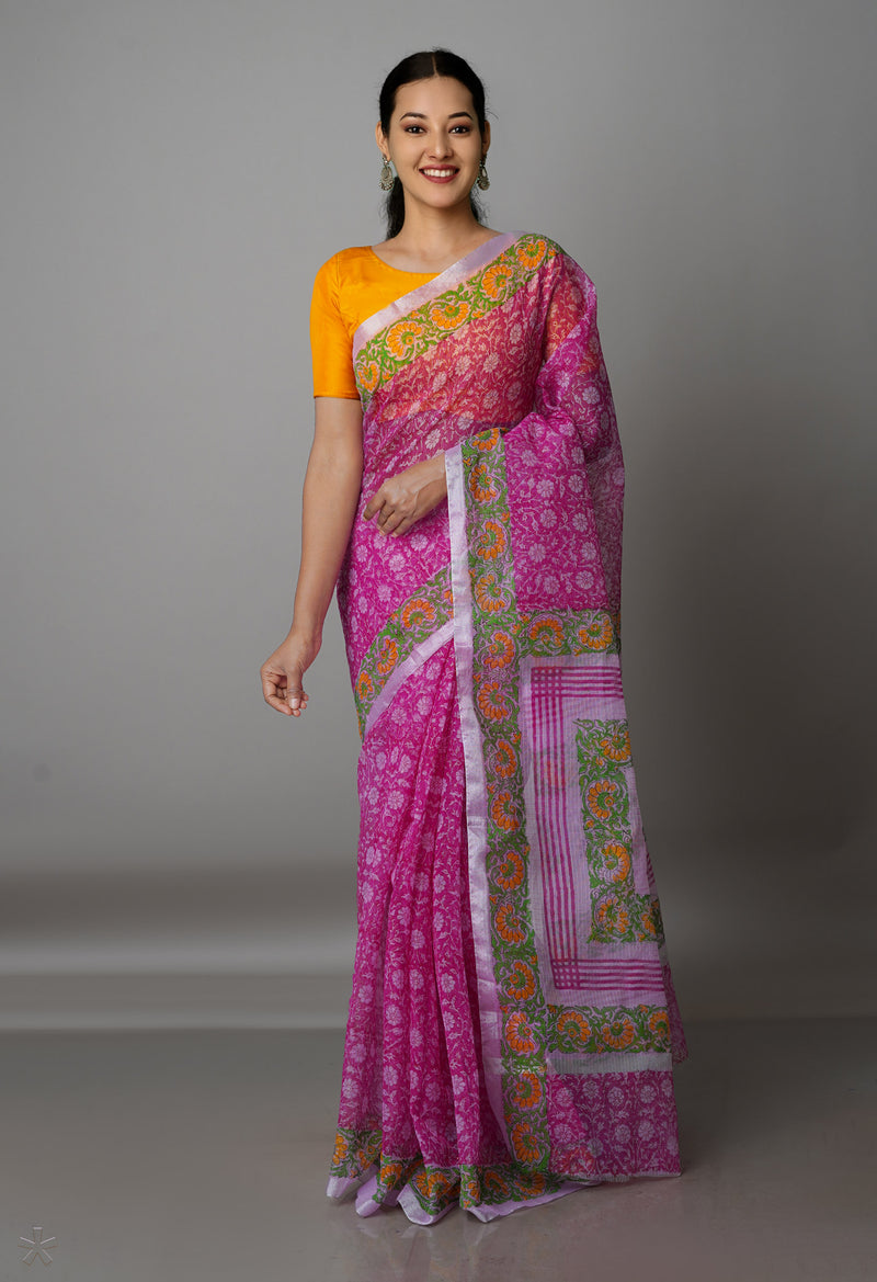 Pink Pure  Block Printed Kota Cotton Saree-UNM69321