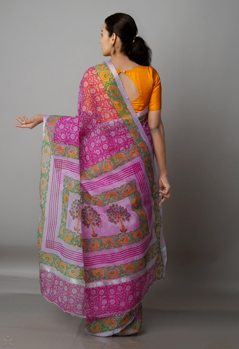 Pink Pure  Block Printed Kota Cotton Saree-UNM69321