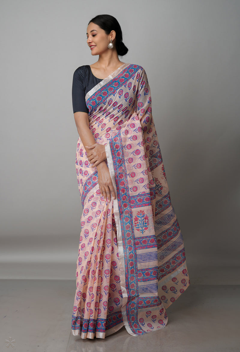 Peach Orange Pure  Block Printed Kota Cotton Saree-UNM69322