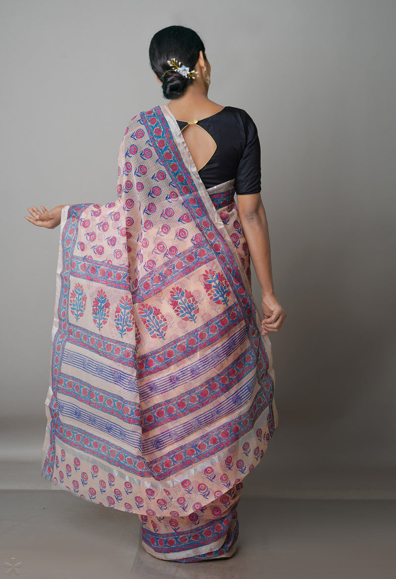 Peach Orange Pure  Block Printed Kota Cotton Saree-UNM69322