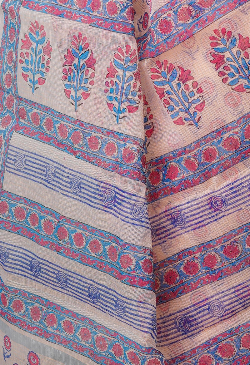 Peach Orange Pure  Block Printed Kota Cotton Saree-UNM69322