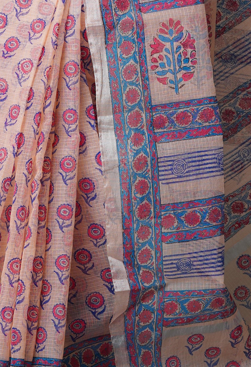 Peach Orange Pure  Block Printed Kota Cotton Saree-UNM69322