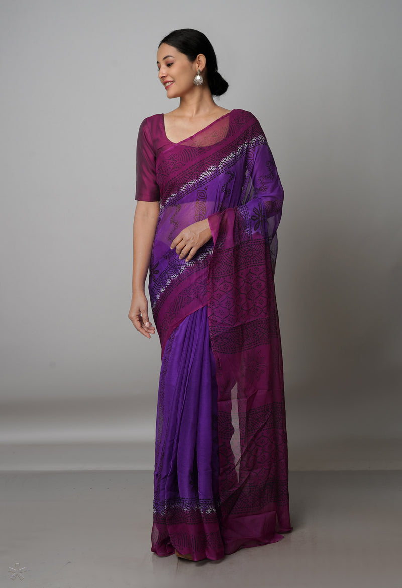 Purple-Dark Purple  Diamond Chiffion Rapid Hand Block Printed Silk Saree-UNM69359