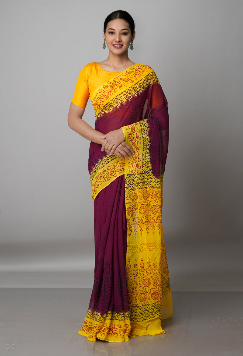Dark Purple-Yellow  Diamond Chiffion Rapid Hand Block Printed Silk Saree-UNM69363