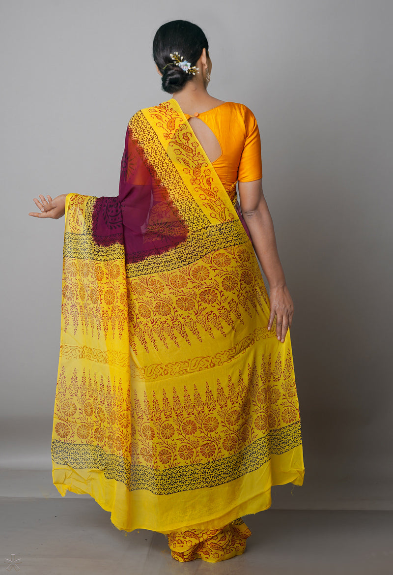 Dark Purple-Yellow  Diamond Chiffion Rapid Hand Block Printed Silk Saree-UNM69363
