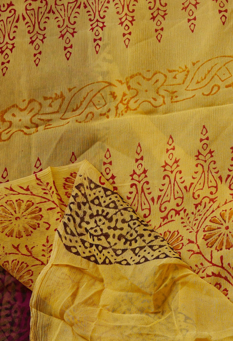 Dark Purple-Yellow  Diamond Chiffion Rapid Hand Block Printed Silk Saree-UNM69363