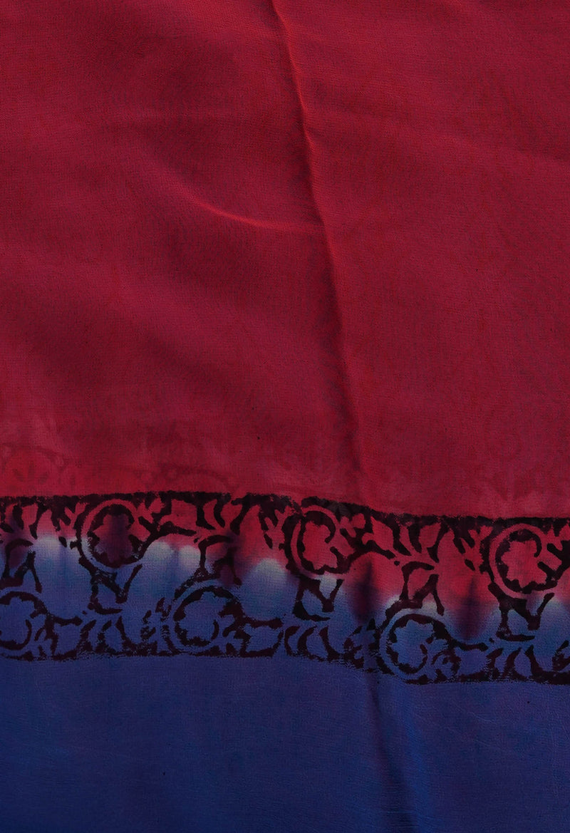 Blue-Pink  Diamond Chiffion Rapid Hand Block Printed Silk Saree-UNM69364