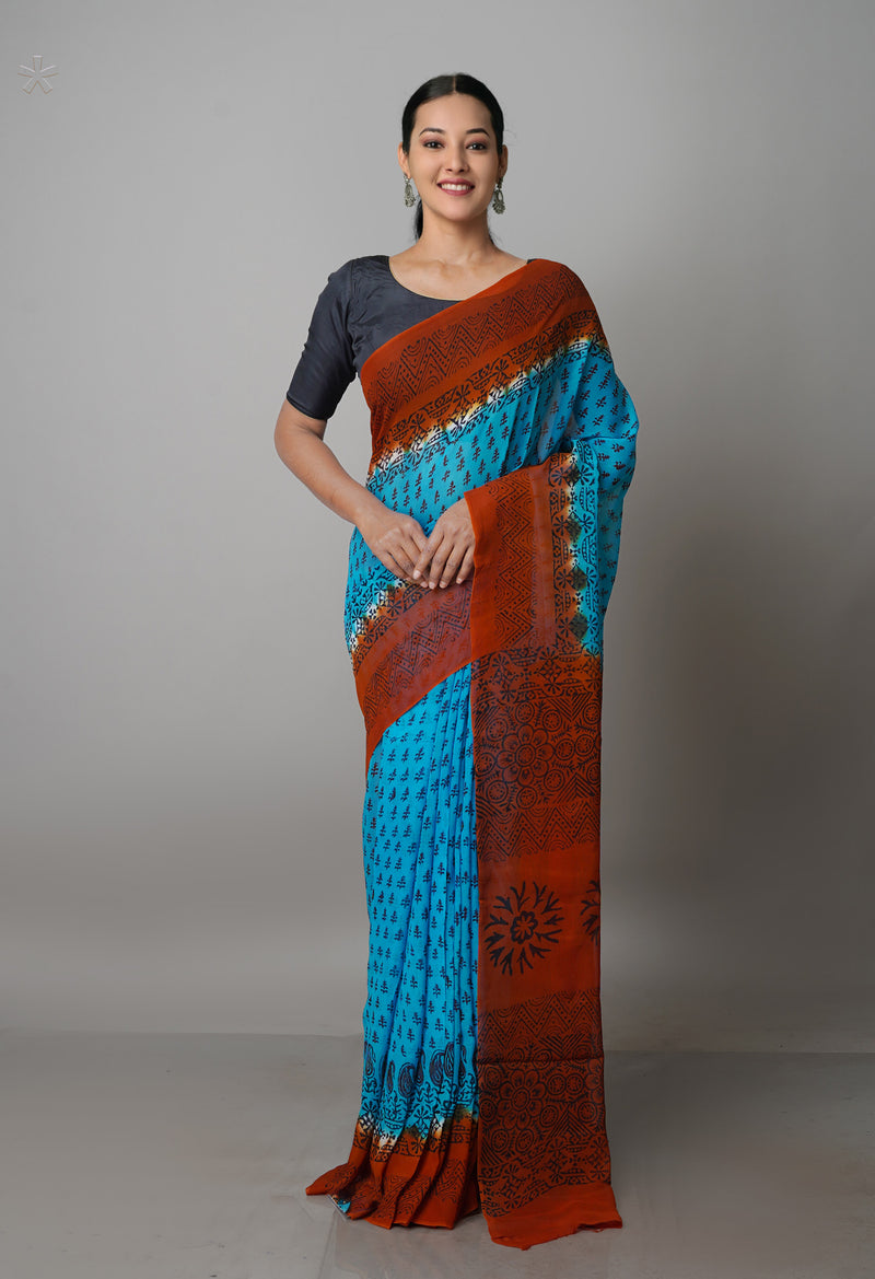 Blue-Brown  Diamond Chiffion Rapid Hand Block Printed Silk Saree-UNM69367