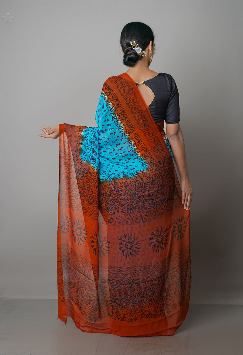 Blue-Brown  Diamond Chiffion Rapid Hand Block Printed Silk Saree-UNM69367