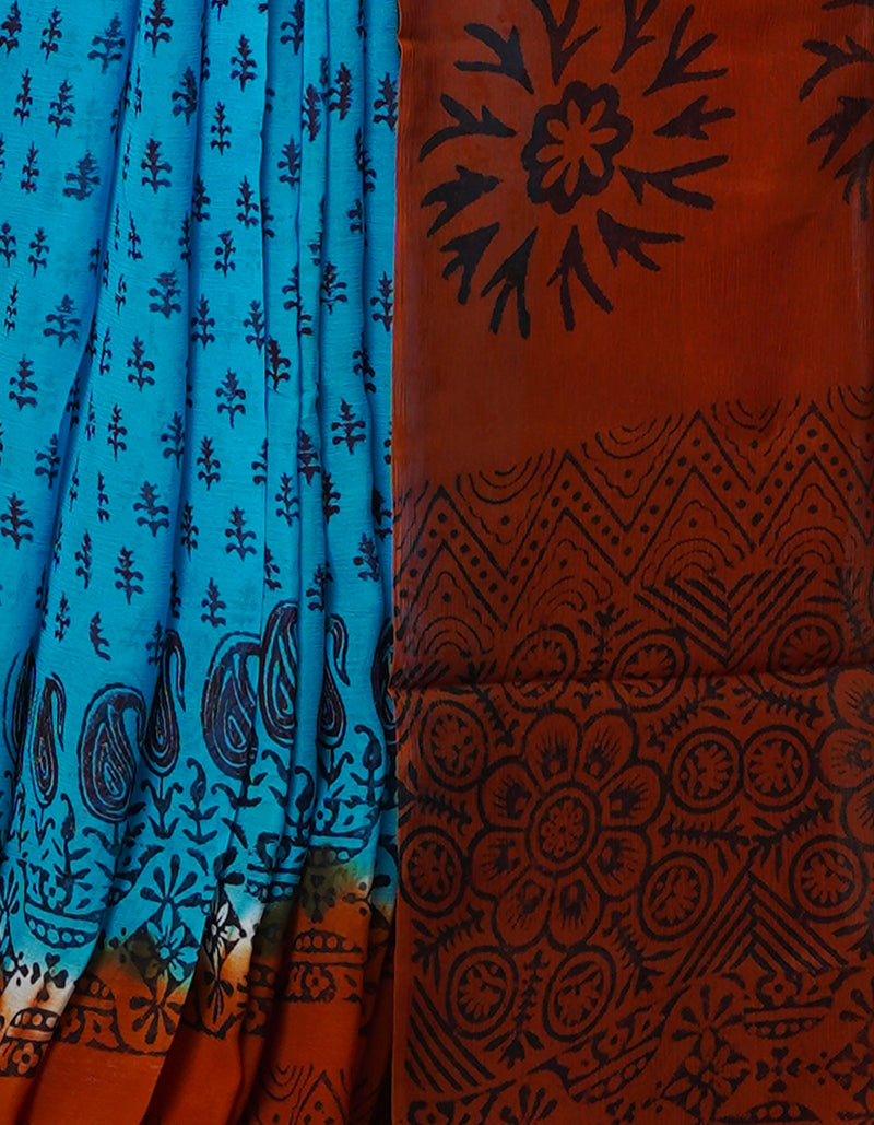 Blue-Brown  Diamond Chiffion Rapid Hand Block Printed Silk Saree-UNM69367