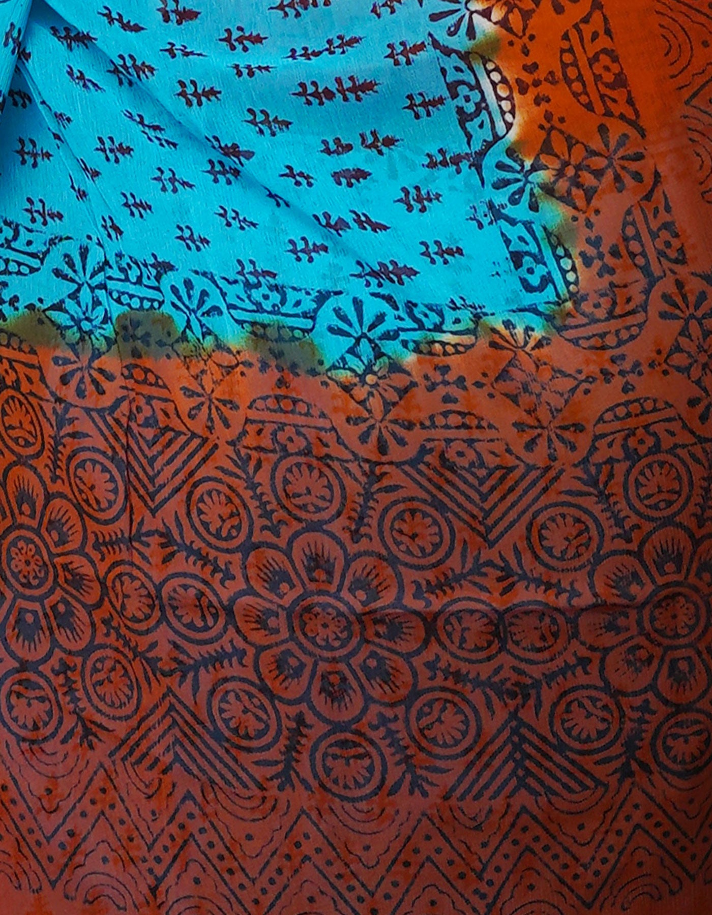 Blue Hand Block Printed Chiffion Silk Saree