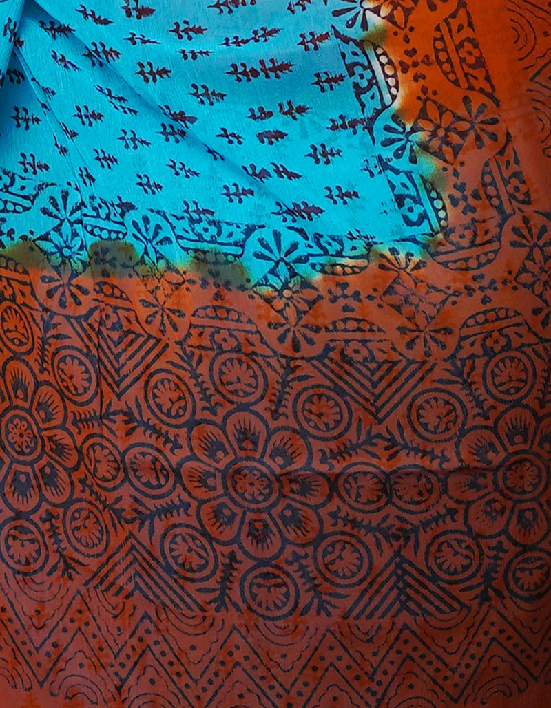 Blue-Brown  Diamond Chiffion Rapid Hand Block Printed Silk Saree-UNM69367