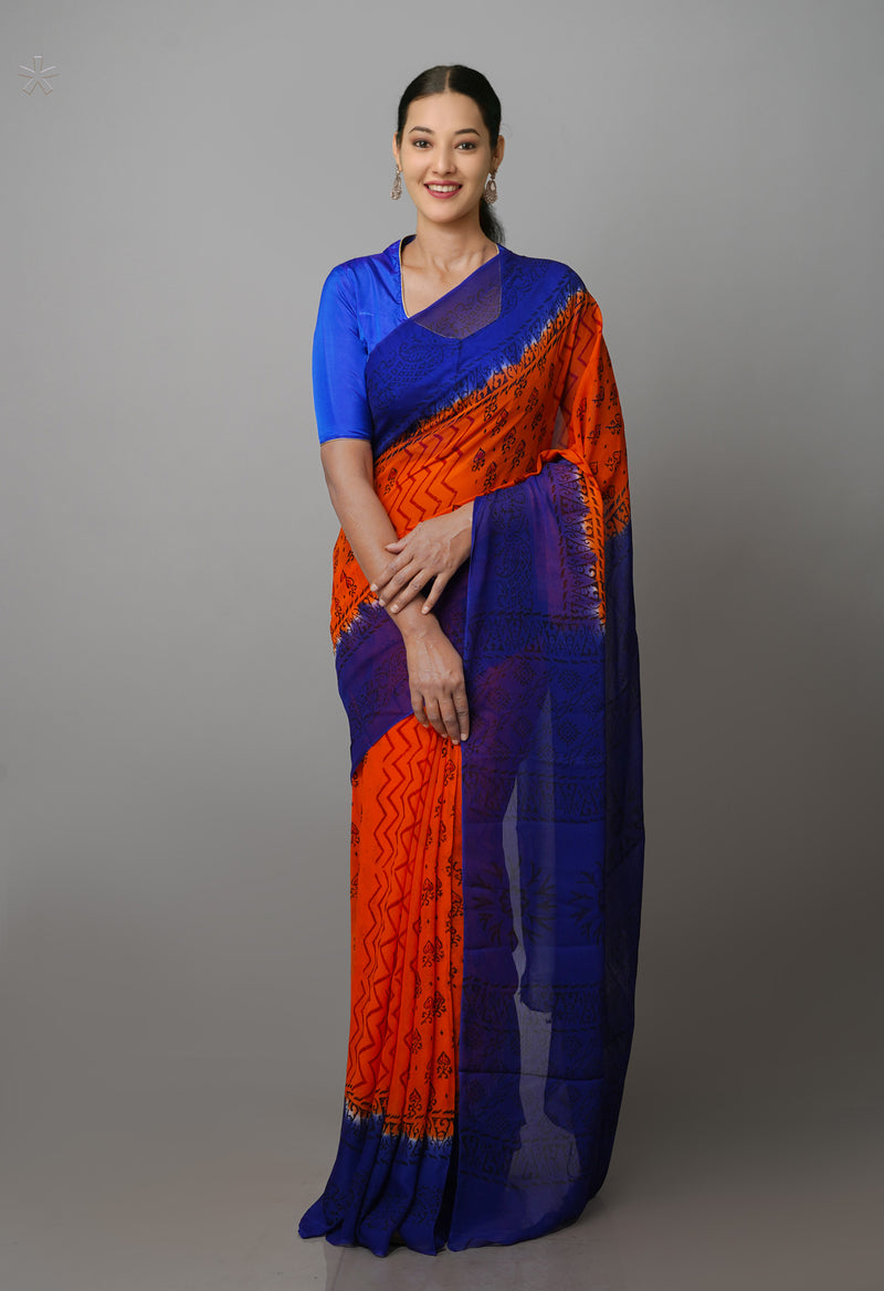 Orange-Blue  Diamond Chiffion Rapid Hand Block Printed Silk Saree-UNM69369