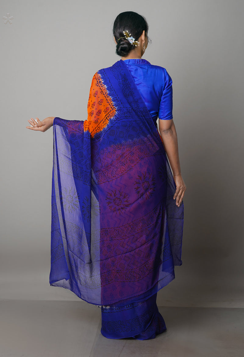 Orange-Blue  Diamond Chiffion Rapid Hand Block Printed Silk Saree-UNM69369