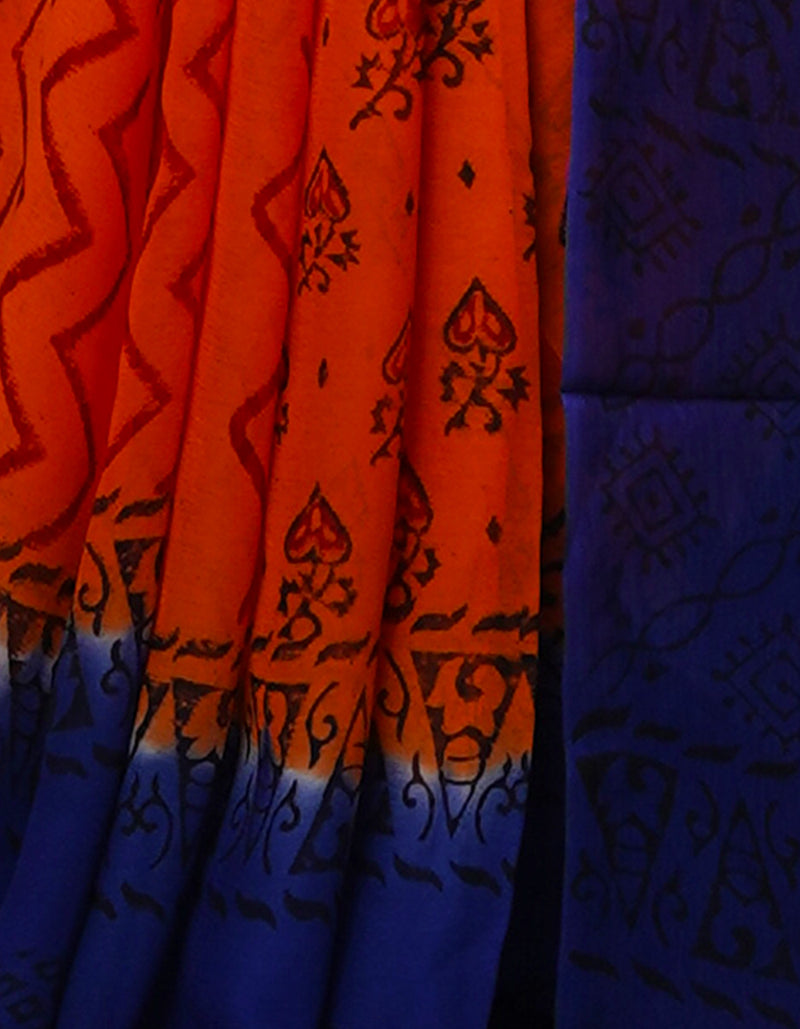 Orange-Blue  Diamond Chiffion Rapid Hand Block Printed Silk Saree-UNM69369