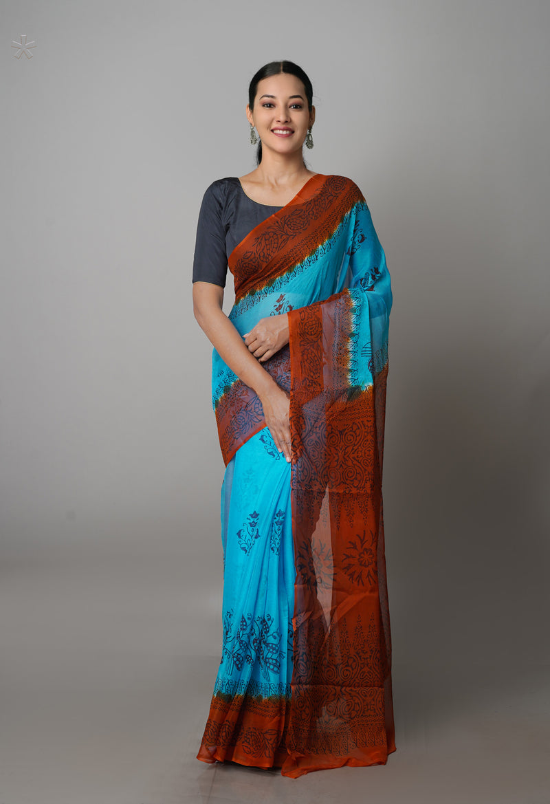 Blue-Brown  Diamond Chiffion Rapid Hand Block Printed Silk Saree-UNM69370