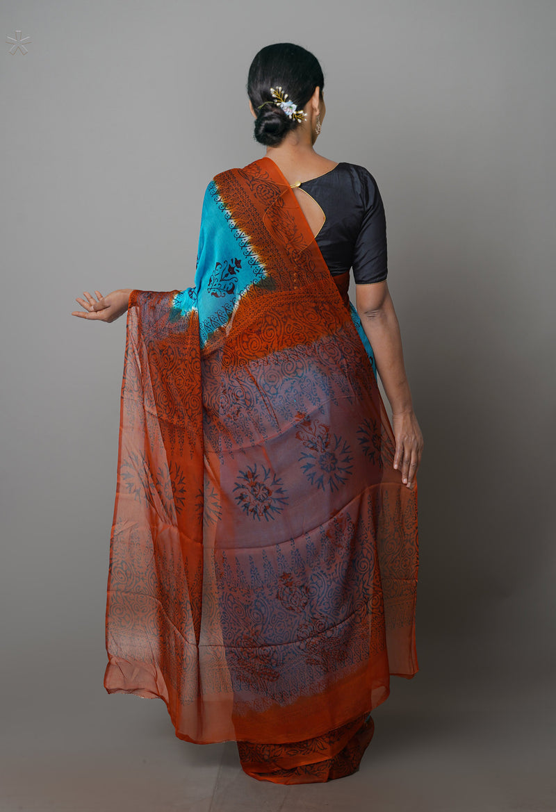 Blue-Brown  Diamond Chiffion Rapid Hand Block Printed Silk Saree-UNM69370
