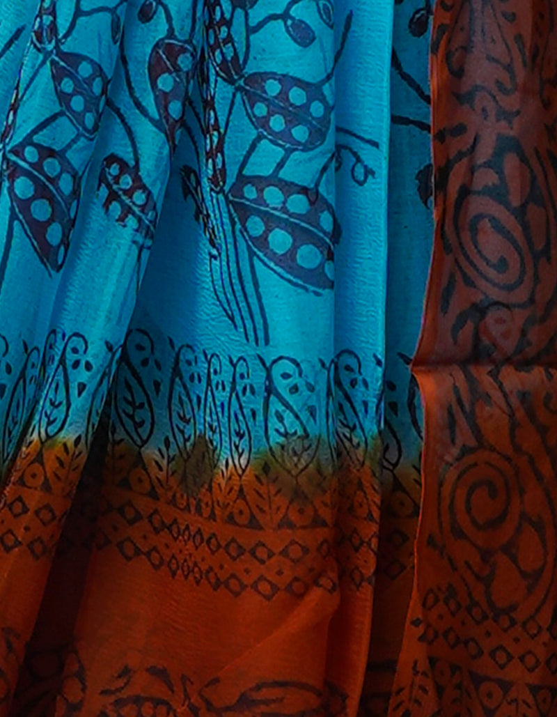 Blue-Brown  Diamond Chiffion Rapid Hand Block Printed Silk Saree-UNM69370