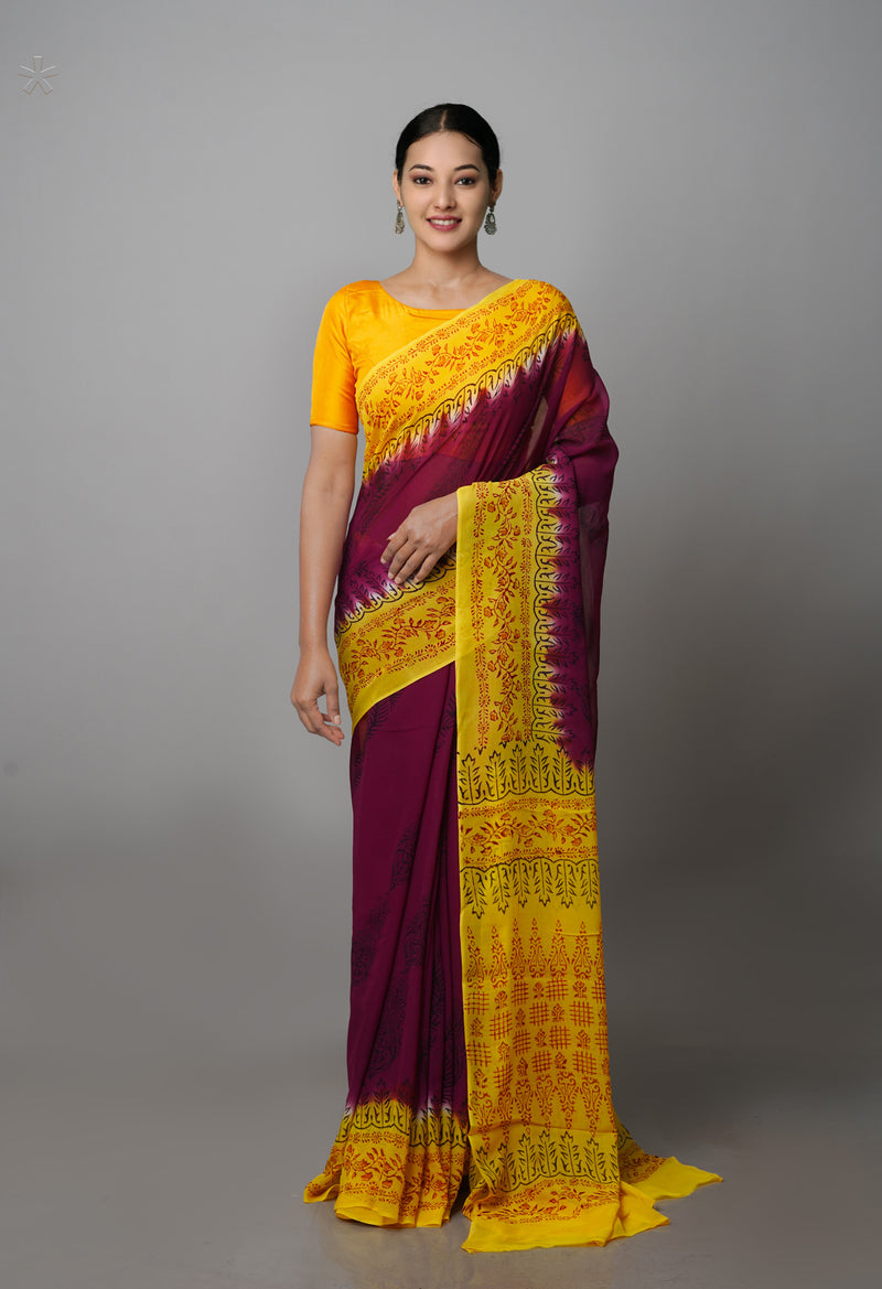 Dark Purple-Yellow  Diamond Chiffion Rapid Hand Block Printed Silk Saree-UNM69373