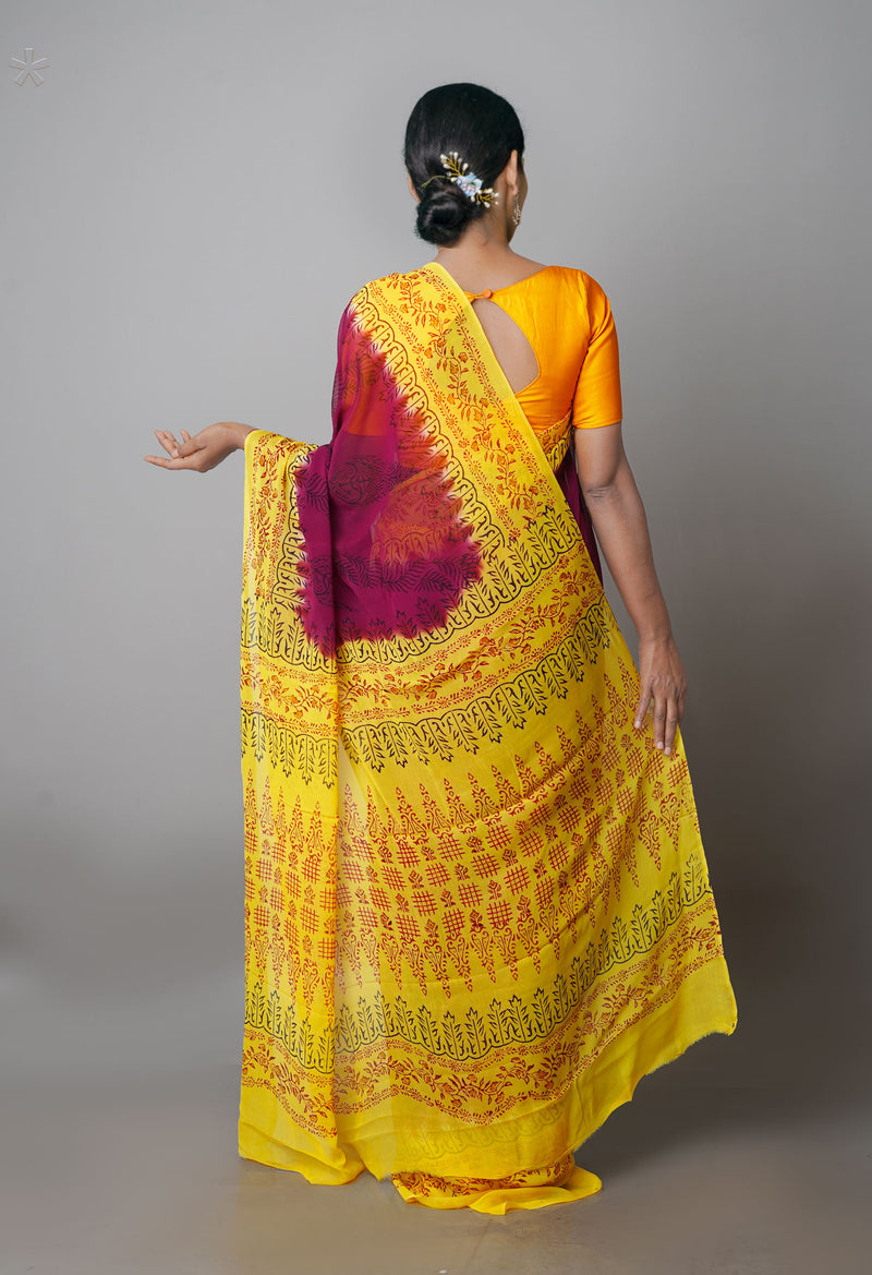 Dark Purple-Yellow  Diamond Chiffion Rapid Hand Block Printed Silk Saree-UNM69373